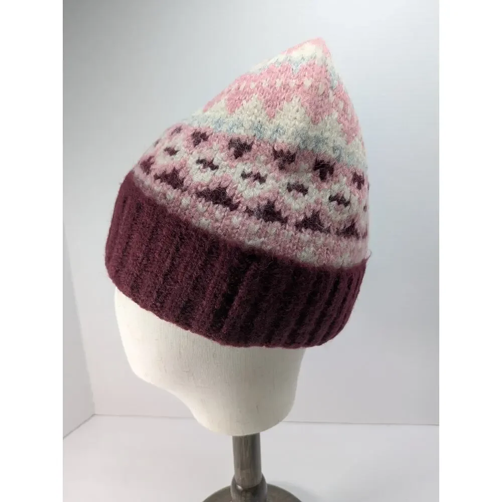 Vince Camuto Knit Brushed Fair Isle Beanie Color Wine‎ Winter Cold Weather Hat